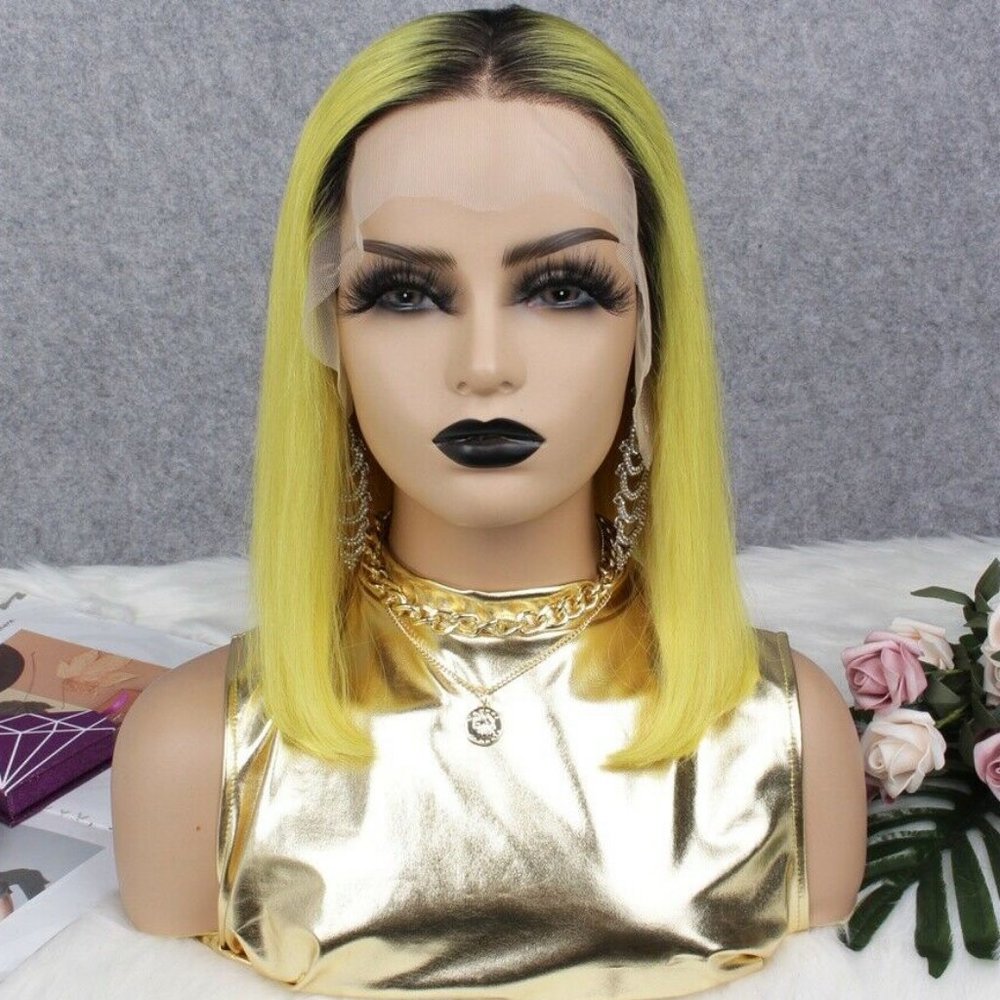 100% Human Hair Lace Front 14"Yellow Ombre Bob Wig
